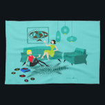 Retro Girls'  Night In Dish Towel<br><div class="desc">It looks like it’s going to be a fun time with this kitschy Retro Girls’ Night In Dish Towel. The 1960’s style, minimalist art design features two women with pink cocktails in a thoroughly mid century modern, aqua and turquoise living room. These ladies certainly know how to relax. The raven...</div>
