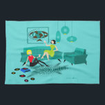 Retro Girls'  Night In Dish Towel<br><div class="desc">It looks like it’s going to be a fun time with this kitschy Retro Girls’ Night In Dish Towel. The 1960’s style, minimalist art design features two women with pink cocktails in a thoroughly mid century modern, aqua and turquoise living room. These ladies certainly know how to relax. The raven...</div>