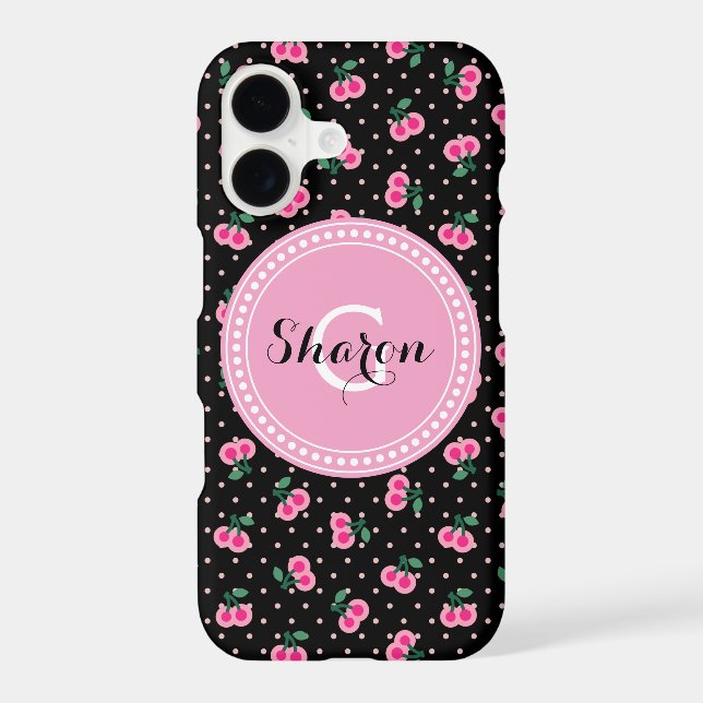 Retro girly black pink cherry patterns monogram iphone case (Back)