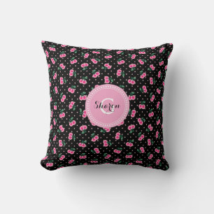 Retro girly black pink cherry patterns monogram throw pillow