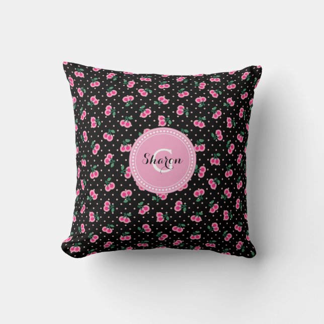 Retro girly black pink cherry patterns monogram throw pillow (Front)