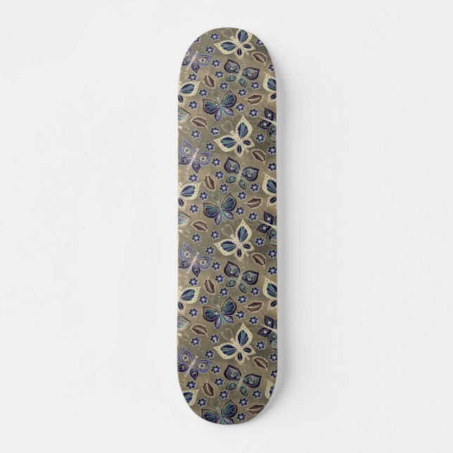 Retro Girly Blue Butterfly Pattern Skateboard  (Front)