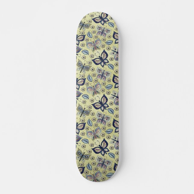 Retro Girly Blue Butterfly Pattern Skateboard  (Front)