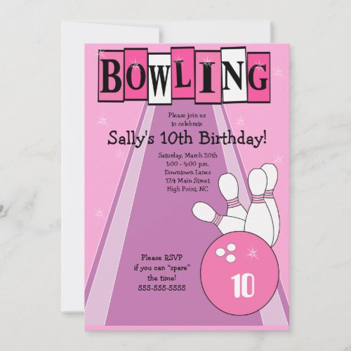 Retro Girly Pink Birthday Bowling Party Invite