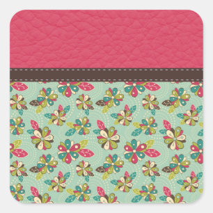 Retro Girly Pink Pattern with Leather Square Sticker