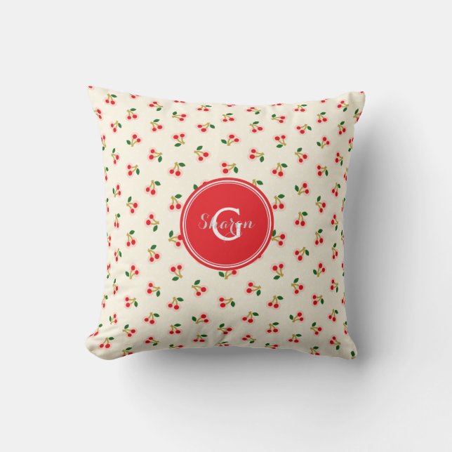 Retro girly red cherry patterns monogram throw pillow (Front)
