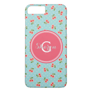 Retro girly turquoise cherry patterns monogram iPhone 8 plus/7 plus case