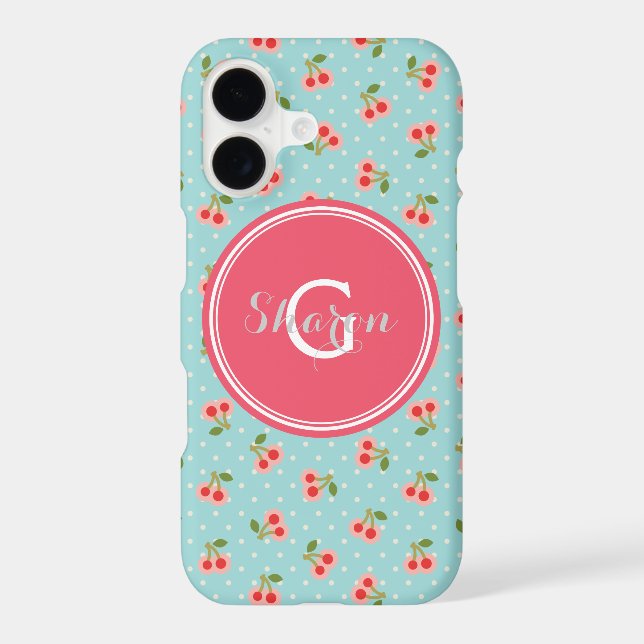 Retro girly turquoise cherry patterns monogram iphone case (Back)