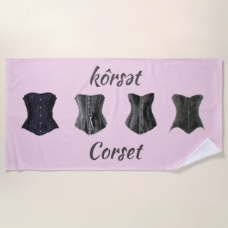 Retro Glam Black Corsets Pink Beach Towel
