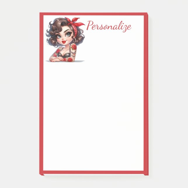 Retro Glam Girl Rose Tattoo Red Border Personalize Post-it Notes (Front)