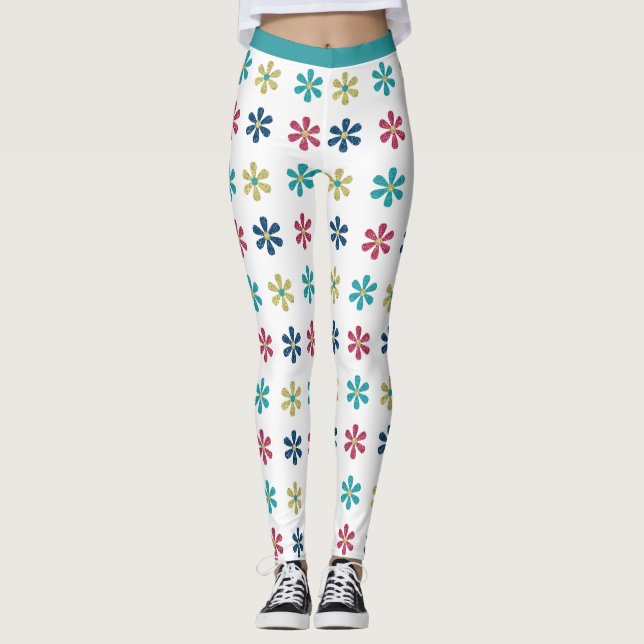 Retro Glam Girly 60s Glitter Flowers Gold Blue Red Leggings (Front)
