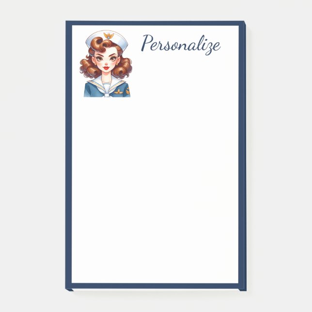 Retro Glam Navy Girl Blue Border Personalize Post-it Notes (Front)
