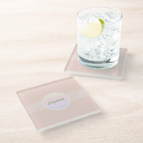 Retro Glam Personalized Pastel Coral Pink and Opal Glass Coaster