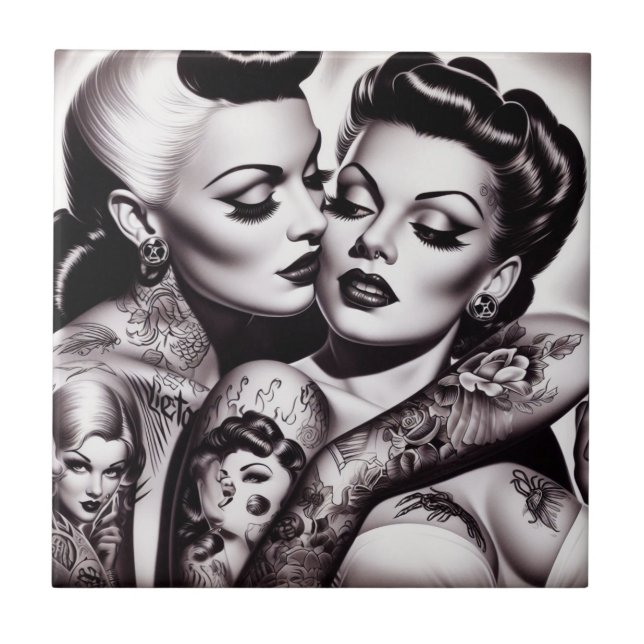 Retro Glam Tattoo Girls Ceramic Tile (Front)