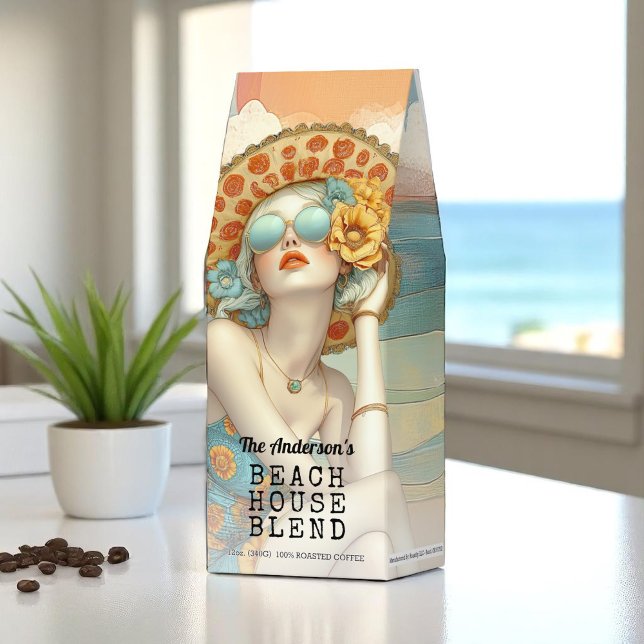 Retro Glamorous Beach Lady Beach House Blend Roasted Coffee (Personalize with any name!)