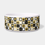 Retro Glamorous Gold Ceramic Pet Bowl<br><div class="desc">What's black and white and gold all over? It's this Retro Glamorous Gold Ceramic Pet Bowl. The mid century modern design features a grid of sophisticated images. There are mix and match patterns of mod flowers, starbursts, martini glasses, and impressionist stars on black, white, and gold backgrounds. This design is...</div>