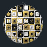 Retro Glamorous Gold Dart Board<br><div class="desc">What's black and white and gold all over? It's this Retro Glamorous Gold Dart Board. The mid century modern design features a grid of sophisticated images. There are mix and match patterns of mod flowers, starbursts, martini glasses, and impressionist stars on black, white, and gold backgrounds. This design is ideal,...</div>