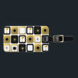 Retro Glamorous Gold Luggage Tag<br><div class="desc">What's black and white and gold all over? It's this customizable Retro Glamorous Gold Luggage Tag. The mid century modern design features a grid of sophisticated images. There are mix and match patterns of mod flowers, starbursts, martini glasses, and impressionist stars on black, white, and gold backgrounds. The opposite side...</div>