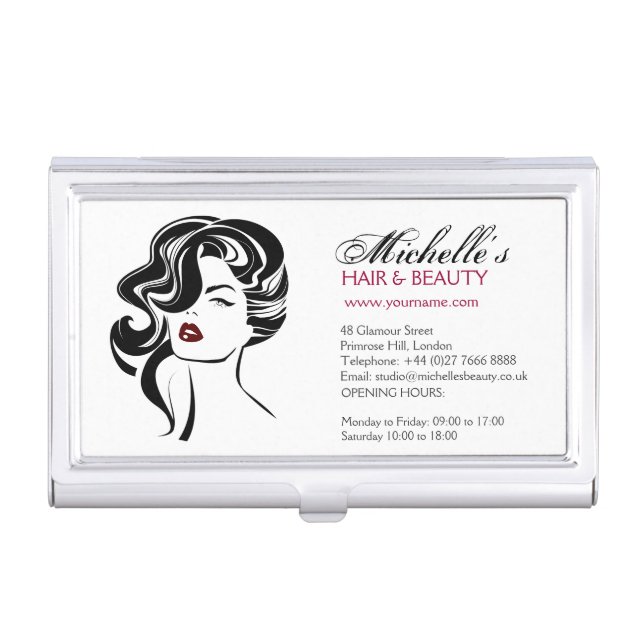 Retro Glamour Black White Beauty Girl Hair Styling Business Card Holder (Front)