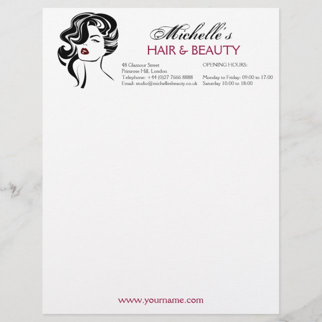Retro Glamour Black White Beauty Girl Hair Styling Letterhead (Front)