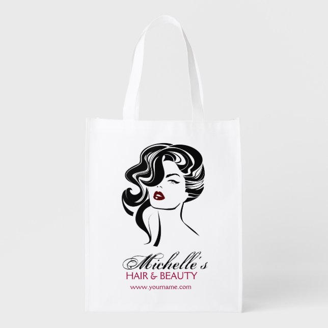 Retro Glamour Black White Beauty Girl Hair Styling Reusable Grocery Bag (Front)