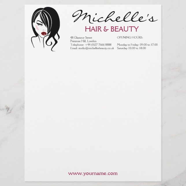 Retro Glamour Black White Fashion Girl Hair Salon Letterhead (Front)
