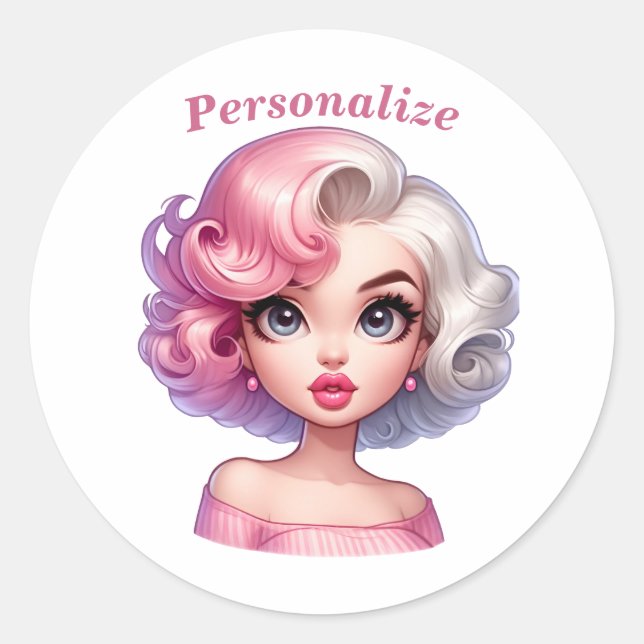 Retro Glamour Girl Animated Cartoon Personalize Classic Round Sticker (Front)