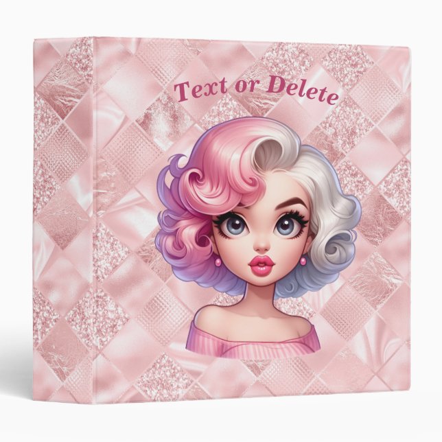 Retro Glamour Girl Animated Cute Cartoon Beauty 3 Ring Binder (Front/Spine)