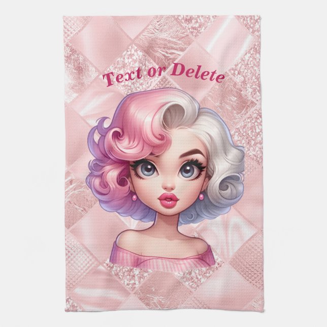 Retro Glamour Girl Animated Cute Cartoon Beauty Kitchen Towel (Vertical)