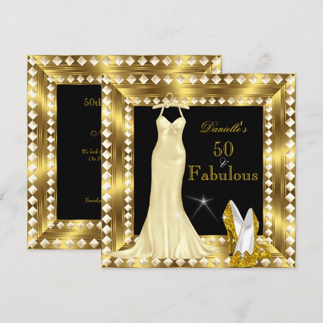 Retro Glamour Hollywood Fabulous 50 Gold Deco 3 Invitation (Front/Back)