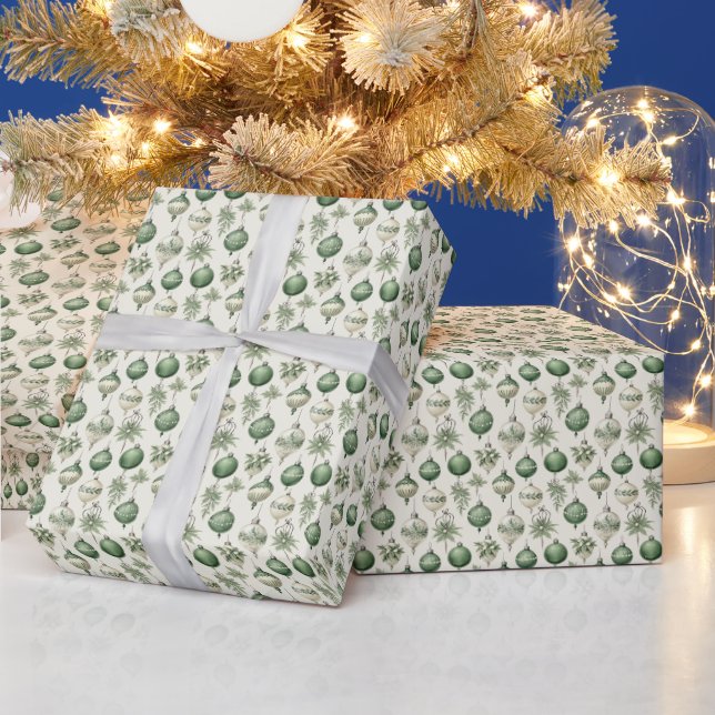 Retro Glass Ornaments - Festive Green Nostalgia Wrapping Paper (Holidays)