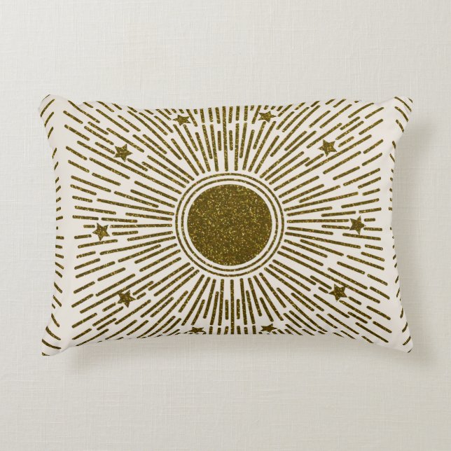 Retro glitter, golden sun with rays accent pillow (Front)