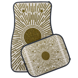 Retro glitter, golden sun with rays car floor mat