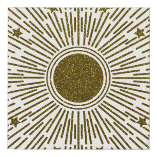 Retro glitter, golden sun with rays faux canvas print
