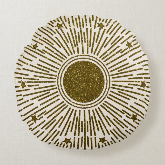 Retro glitter, golden sun with rays round pillow (Front)
