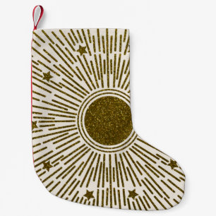 Retro glitter, golden sun with rays small christmas stocking