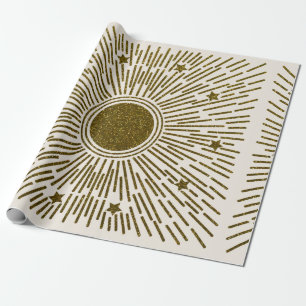 Retro glitter, golden sun with rays wrapping paper