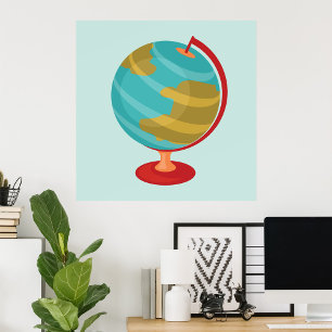 Retro Globe Illustration Vintage Earth Map Poster