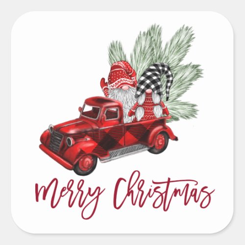 Retro Gnomes Christmas Buffalo Red Truck Holiday Square Sticker