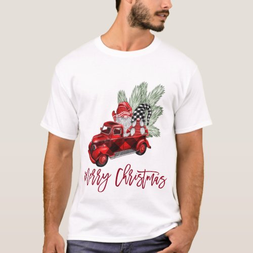 Retro Gnomes Christmas Buffalo Red Truck Holiday T_Shirt