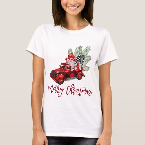 Retro Gnomes Christmas Buffalo Red Truck Holiday T_Shirt