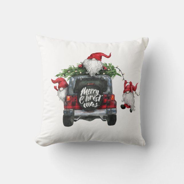 Retro Gnomes Christmas Buffalo Red Truck Holiday Throw Pillow (Front)