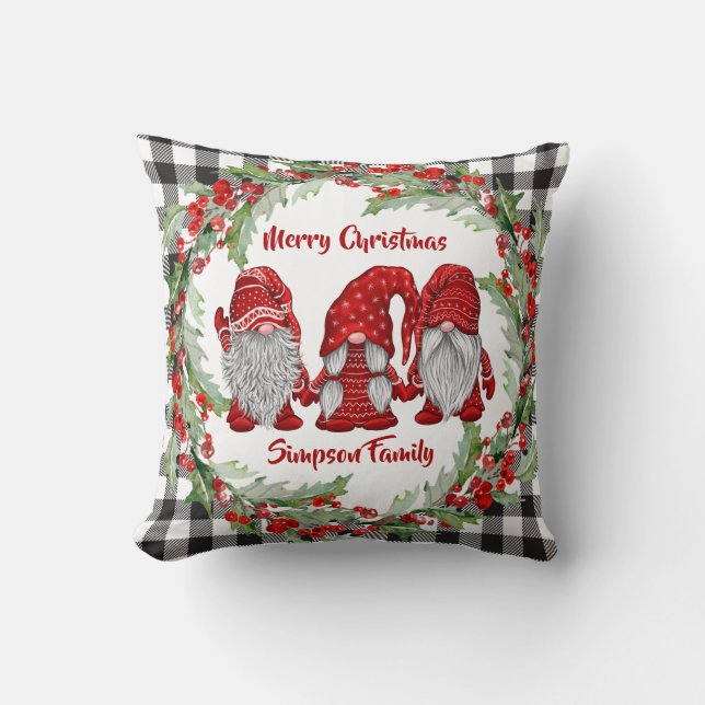 Retro Gnomes Christmas Holly Berry Wreath Holiday Throw Pillow (Front)