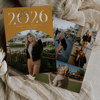 Retro Gold 2026 Coquette Bow Photo Graduation Announcement