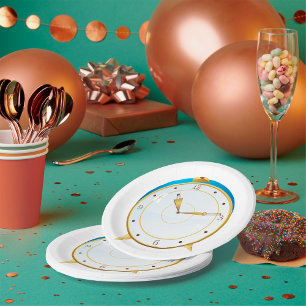 Retro Gold Alarm Clock with Blue Trim Timepiece Paper Plates