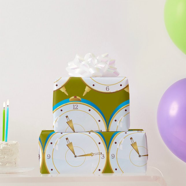 Retro Gold Alarm Clock with Blue Trim Timepiece  Wrapping Paper (Creator Uploaded)