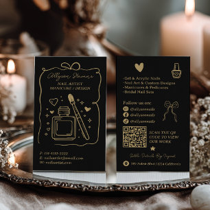 Retro Gold black Doodles Nails Artist QR Code Business Card