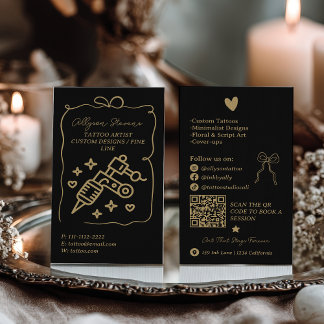 Retro gold black Doodles Tattoo Artist QR Code Business Card
