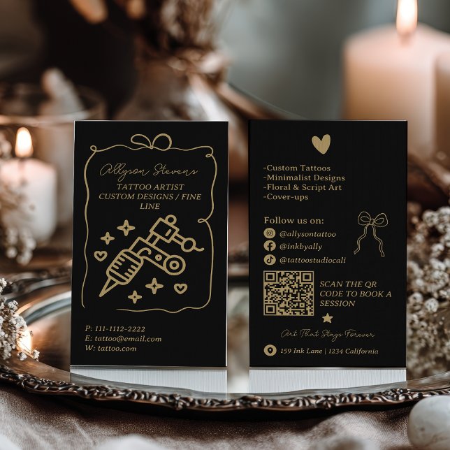 Retro gold black Doodles Tattoo Artist QR Code Business Card (Retro gold black Doodles Tattoo Artist QR Code Business Card)