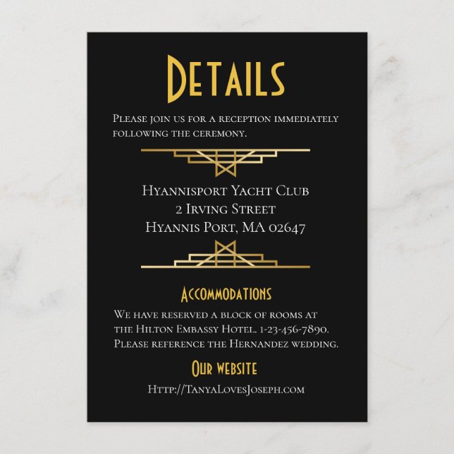 Retro Gold Black Great Gatsy Details Wedding Card (Front)